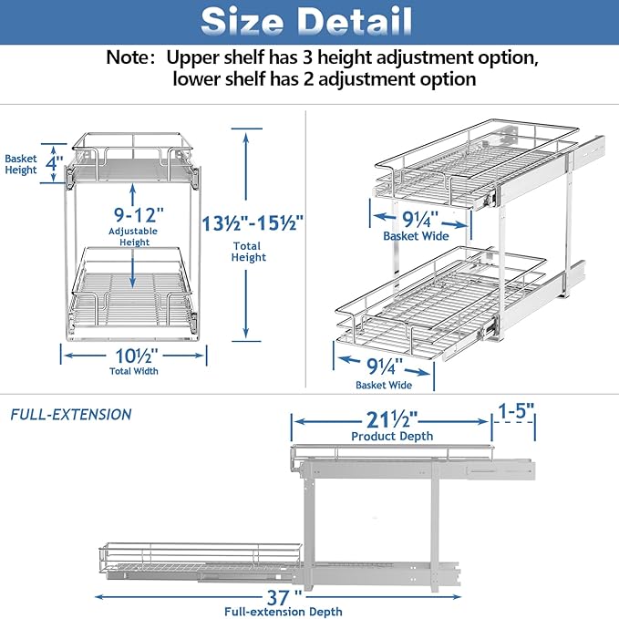 LOVMOR 2 Tier Individual Pull Out Cabinet Organizer 10½" W x 21½" D, Slide Out Kitchen Cabinet Storage Sliding Shelves