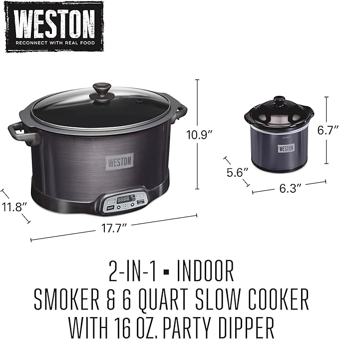WESTON 2-in-1 Programmable Slow Cooker & Electric Indoor Smoker, 6 Quart, 3-Tier Smoking Rack for Meat, Cheese and More, Dishwasher Safe Crock, Temperature Probe, Includes 16 oz. Party Dipper, Black