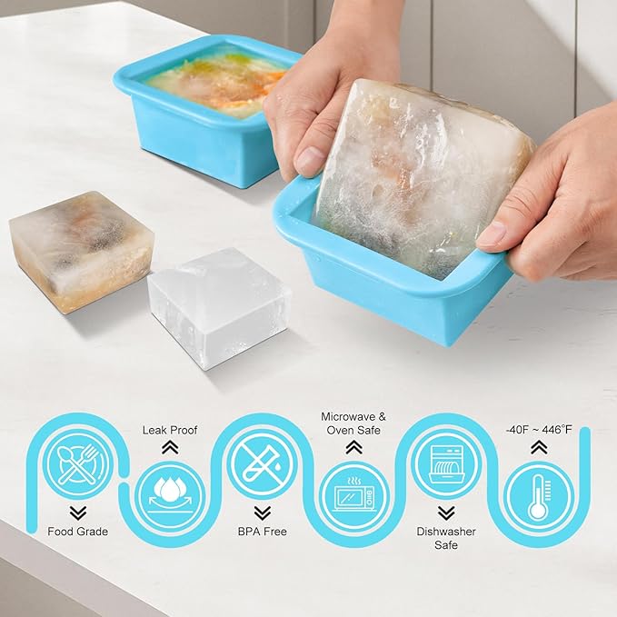 Silicone Freezer Tray with Lid 2 Pack Silicone Freezer Molds Ice Cube Tray Makes 2 Perfect 2 Cup Portions Soup Cubes Meal Prep Containers- Oven & Dishwasher Safe