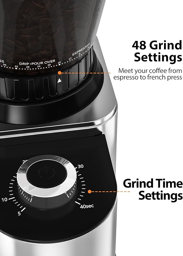 Aromaster Burr Coffee Grinder with 48 Gind Settings, Conical Coffee Bean Grinder for Home Use,Stainless Steel,40 Seconds Adjustable Timer,Anti-static,Easy to Clean with Brush