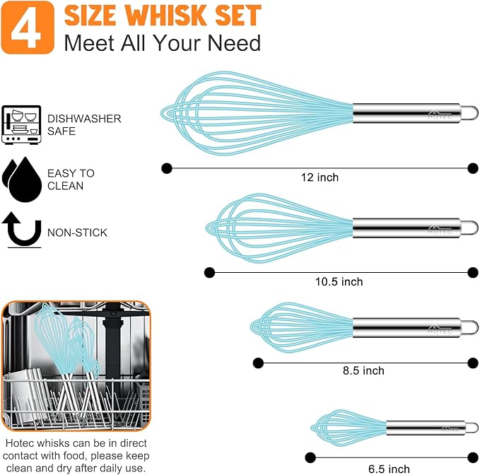 HOTEC 4 Pieces Silicone Whisks Set, Wire Balloon Whisks Egg Beater, Non-slip Handle Whisk for Non-stick Cookware Perfect for Cooking, Stirring, Beating and Blending (Blue)