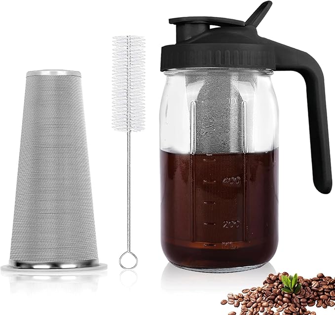 Cold Brew Coffee Maker,32 Oz Mason Jar Pitcher with Stainless Steel Filter, Pour Spout Handle Lid, Heavy Duty Glass Airtight & Leak-Proof for Iced Coffee Tea Breastmilk Lemonade-Black