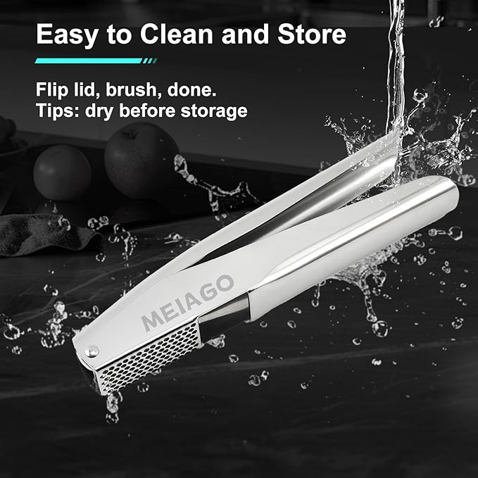 Garlic Press, Stainless Steel Garlic & Ginger Crusher, with Built-In Cleaner, Rust Resistant, No Peel, Large Capacity, Easy Clean，Dishwasher Safe，Silver