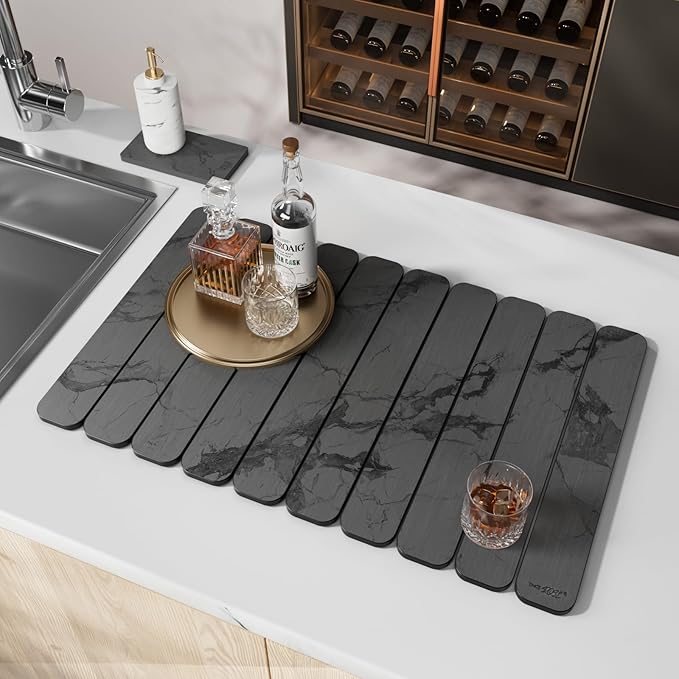 2PCS Stone Drying Mat for Kitchen Counter, Dark Gray with Black Veins Quick Dry Stone Dish Drying Mat - Diatomite Earth Water Absorbing Drying Stone for Kitchen Counter Mat