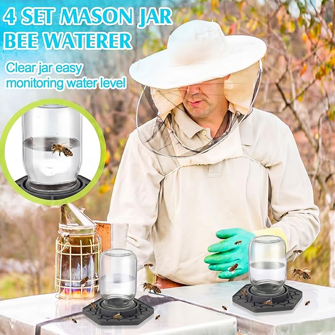 4 Pack Bee Feeder for Mason Jar Bee Watering Station Garden Silicone Sugar Water Feeder Beekeeping Drinking Equipment Tools with Mason Jars for Drinking Water (Grey)