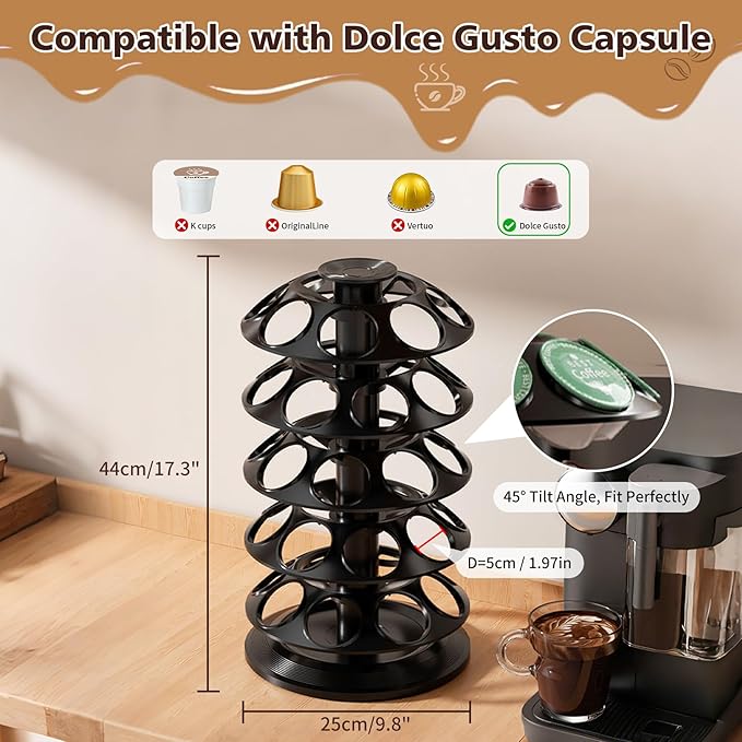 K Cup Holder, Coffee Pod Carousel Holder for 40 Keurig Pods, Also Fits Dolce Gusto Capsules, 360° Rotatable Coffee Pod Storage Organizer, New Modern Design for Home Office Counter