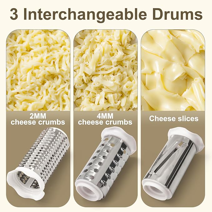Cheese Grater with Hand Crank - 3 Adjustable Grating Drums for Parmesan & Hard Cheeses - Shatter-Resistant & Easy to Clean