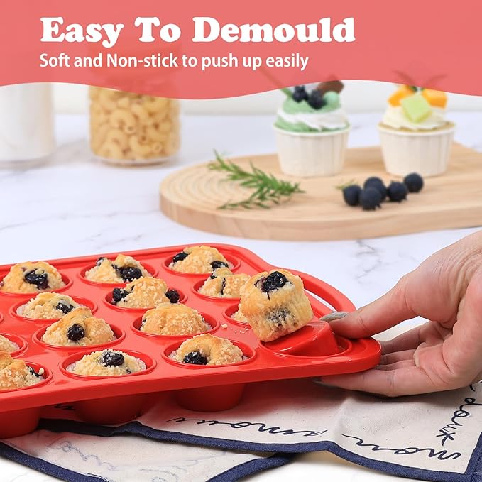 2 Pack Mini Silicone Muffin Pan with Metal Frame, Non-stick Regular Silicone Cupcake Pan with Handles 24 Cup, Silicon Muffin Tin Tray for baking, egg bites, Cupcake Mold, BPA Free Red