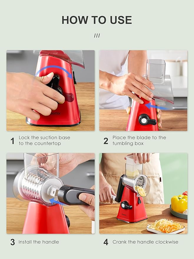 Rotary Cheese Grater with Handle, Reemix Vegetable Cheese Shredder Slicer Grater for Kitchen 3 Changeable Blades for Cheese Potato Zucchini Nuts Chocolate (Red)