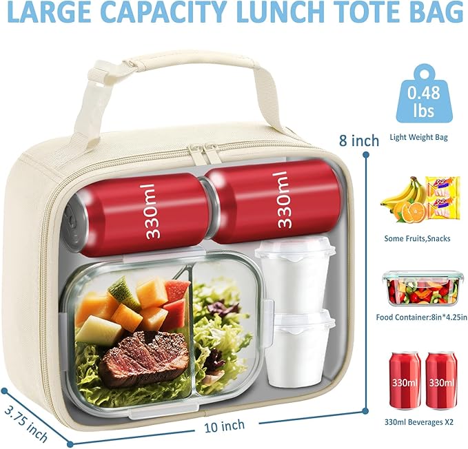 Lunch Box Kids Insulated Lunch Bag for Boys Girls Cute Reusable Lunch Tote Bag Waterproof Portable Thermal Lunch Box Kids for School Picnic Travel Beige