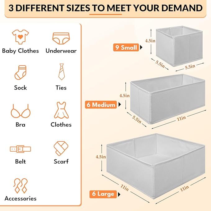 FANS-ONE Drawer Organizer Clothes, 21 Pack Dresser Organizer for Baby Clothes, Underwear, Socks, 3 Sizes Foldable Closet Organization and Storage Bins for Nursery, Bedroom (Grey)