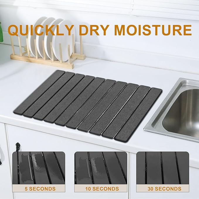 Large Stone Dish Drying Mat for Kitchen Counter, 24"×16" Quick Dry Collapsible Diatomaceous Earth Mat – Super Absorbent Foldable Drying Pad for Dishes (Dark Gray, 23.2" x 15.4")
