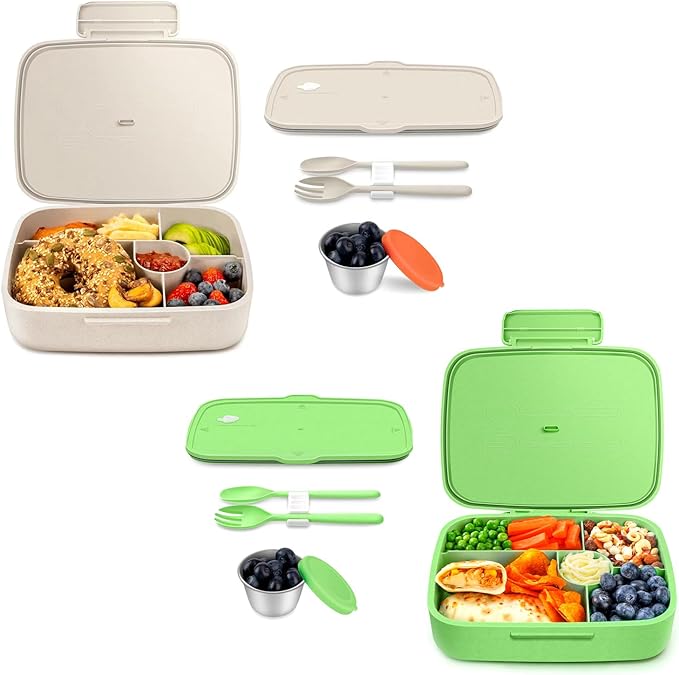 Bento Lunch Box, 5 Compartments Lunch Container for Kids/Adults with Snack cup, Wheat Fiber Eco-Friendly Double Insulated Boxes, Dishwasher and Microwave Safe, BPA-Free