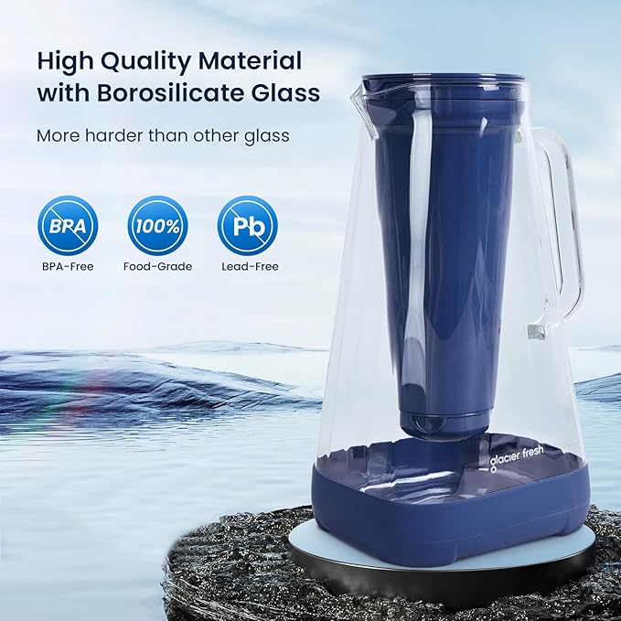 GLACIER FRESH 10 Cup Purela Glass Water Pitcher with 1.6X Flow Rate Upgraded Ultrafiltration Membrane and Activated Carbon Filter, Reduces 99% Chlorine, PFOA&PFOS, Coliforms, Blue