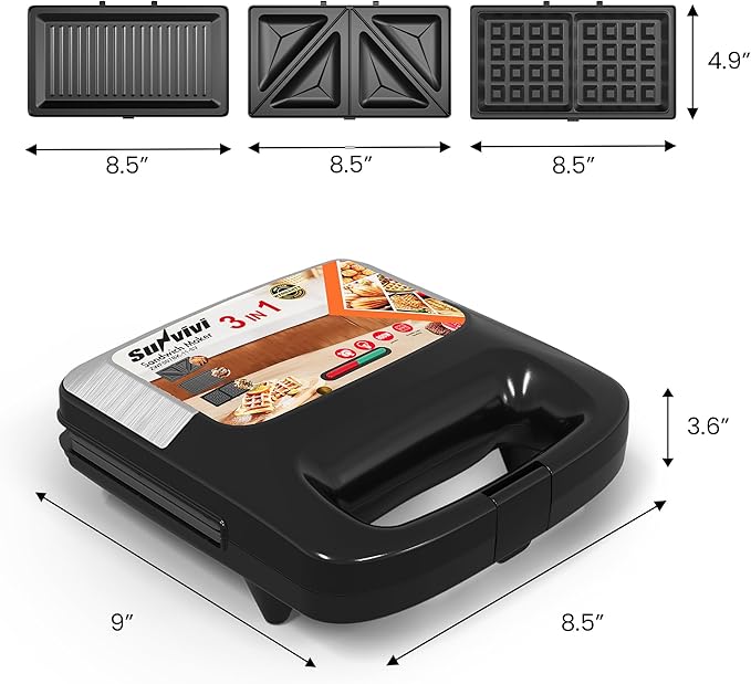 Sunvivi 3 in 1 Electric Sandwich Maker: Panini Press Grill and Waffle Iron Set, Grill and Sandwich Press with Removable Non-Stick Plates, Indicator Lights & Cool Touch Handle, 800W, Silver