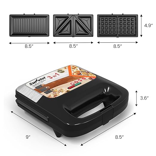 SUNVIVIPRO 3 in 1 Waffle, Grill & Sandwich Maker, Sandwich Maker Panini Press Waffle Iron Set with Removable Non-Stick Plates & Indicator Lights, Panini Press Grill for Breakfast, 800W, Silver