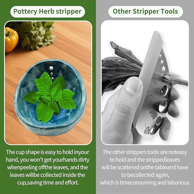 Herb Stripper, 4-Hole Design Pottery Herb Stripper,Handmade Ceramic Herb Stripper Bowl for Removing Leaves and Stems in the Kitchen (Blue Glaze)