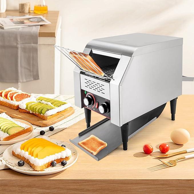 Commercial Conveyor Toaster 1300W, 150 Slices/Hour Stainless Steel Bread Oven with Dual Temp Control & Double Chutes - 7-Speed Adjustable