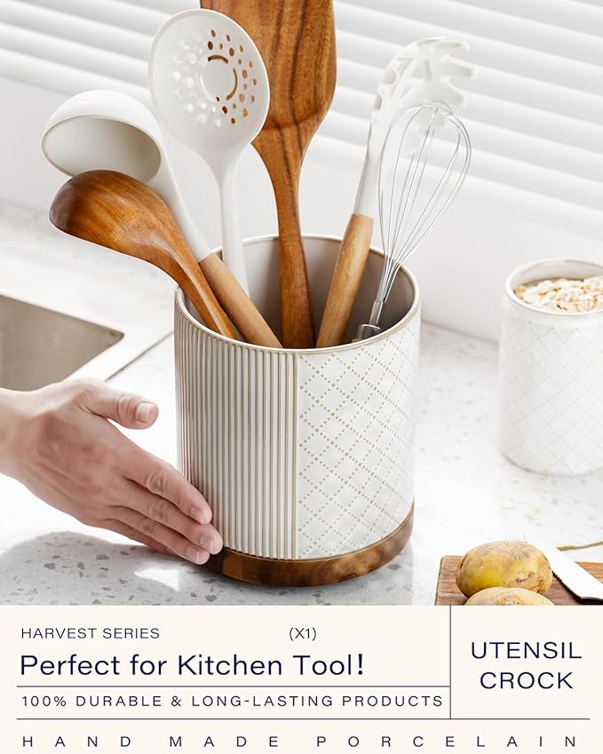 getstar Extra Large Rotating Utensil Holder for Kitchen Counter, 7.2" Ceramic Utensils Crocks Set for Countertop Large & Small Utensil Organizer for Spatula Farmhouse Kitchen Decor