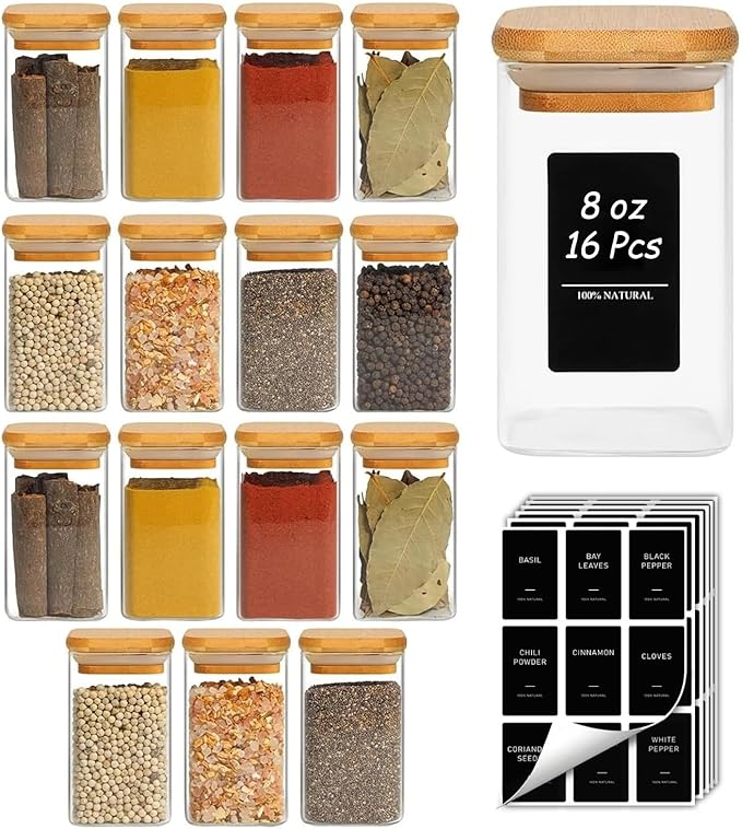 ComSaf Spice Jars with Labels 8 oz 16Pack, Small Spice Containers Starter Set, Glass Seasoning Jars with Lids, Square Seasoning Containers for Salt, Pepper, Chili Powder, Sugar, Loose Tea Storage