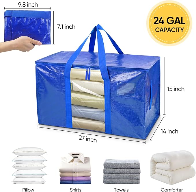 BALEINE 8-Pack Oversized Moving Bags with Reinforced Handles, Heavy-Duty Storage Tote Moving Supplies for Packaging, Camping (Blue w/Window, 8-Pack)