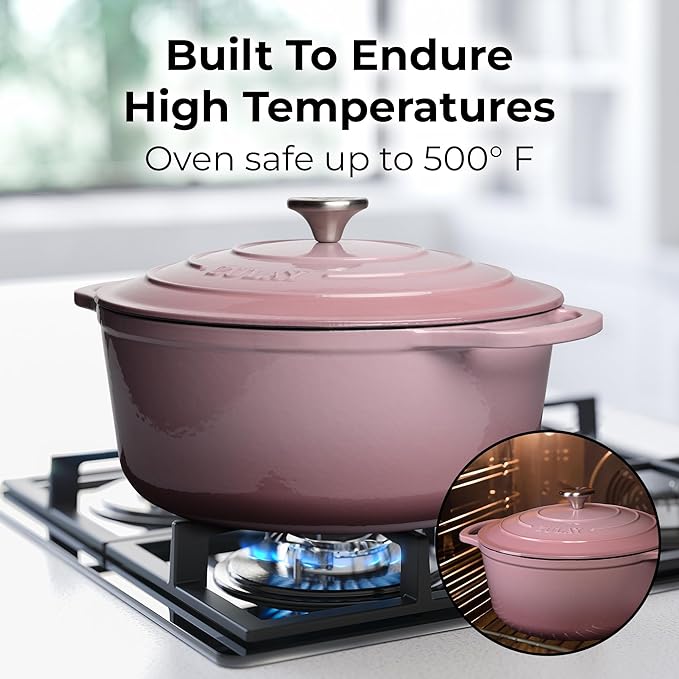 Zulay Kitchen 6 Quart Enameled Cast Iron Dutch Oven Pot with Lid – Premium Durability & Oven Safe up to 500°F – Heavy Duty Cookware Perfect for Bread Baking, Stews, Braising & Roasting - Pink