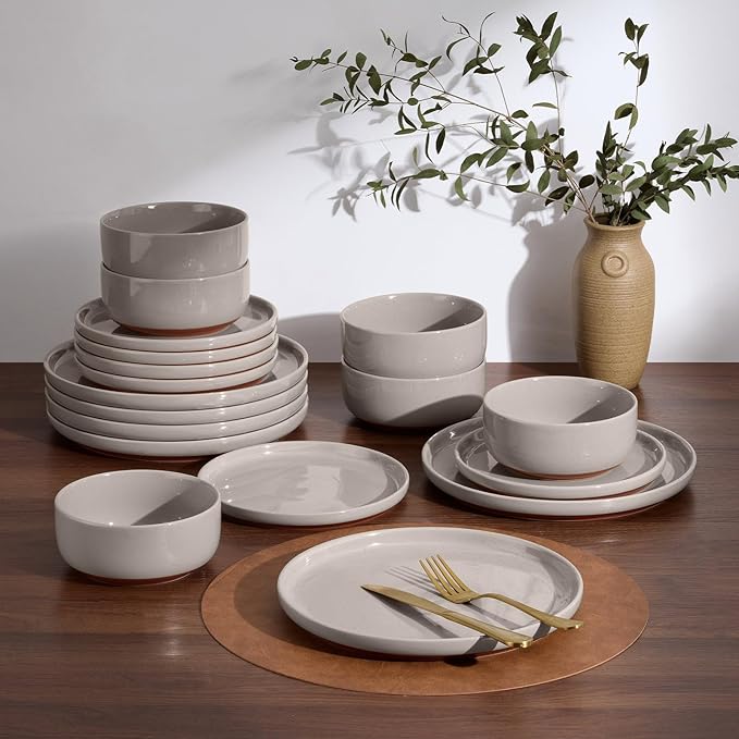 E-far 12-Piece Ceramic Dinnerware Sets, Plates and Bowls Sets for 4, Stoneware Dishware Dishes Set with Terracotta Base, Chip & Scratch Resistant, Microwave & Dishwasher Safe, Speckled Khaki