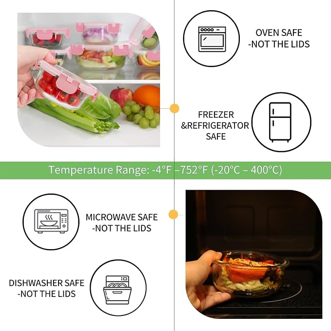 HOMBERKING Glass Food Storage Containers with Lids, [18 Piece] Glass Meal Prep Containers, Airtight Lunch Bento Boxes, BPA-Free & Leak Proof (9 lids & 9 Containers) - Pink