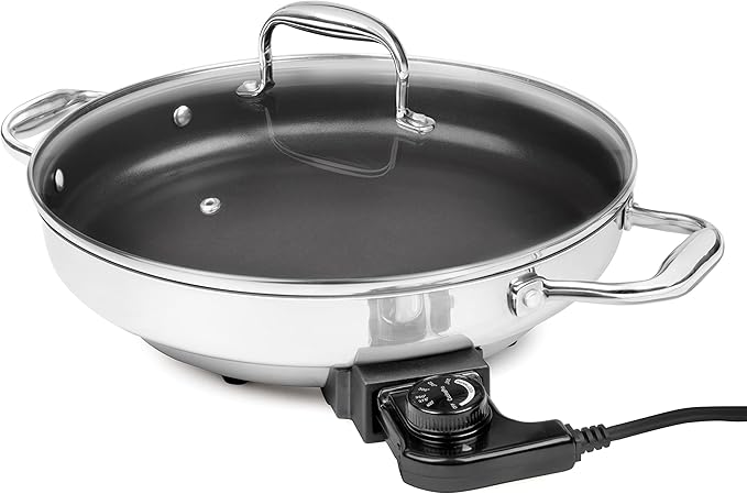 Electric Skillet By CucinaPro- 18/10 Stainless Steel, Frying Pan w Non Stick Interior, Tempered Glass Lid w Handles, 12" Round, Temperature Control Probe for Adjustable Heat Settings, Portable, Gift