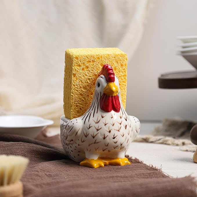 Ceramic Retro White Rooster Shape Sponge Holder for Kitchen Sink, Compact Sink Caddy Organizer, Scouring Pad and Dish Sponge Holder, A