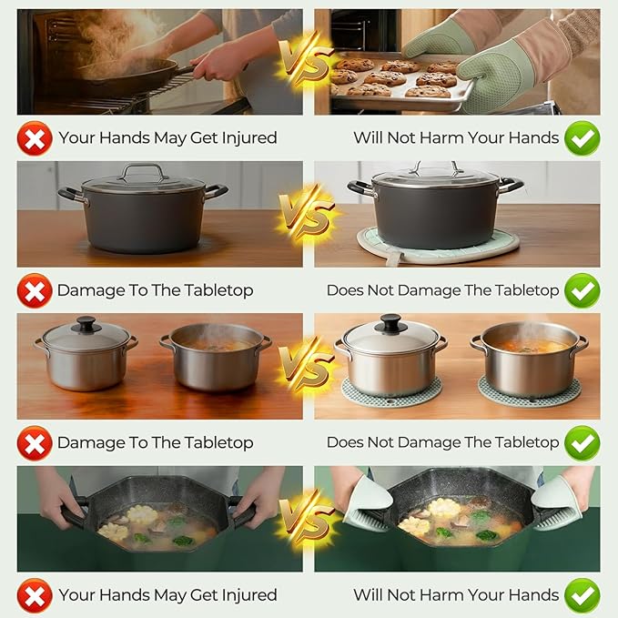 8-Piece Silicone Oven Mitts and Pot Holders Set with Hanging Loops - Heat Resistant Kitchen Gloves with Non-Slip Honeycomb Grip - Includes Mini Mitts & Trivet Mats for Cooking, Baking - Green