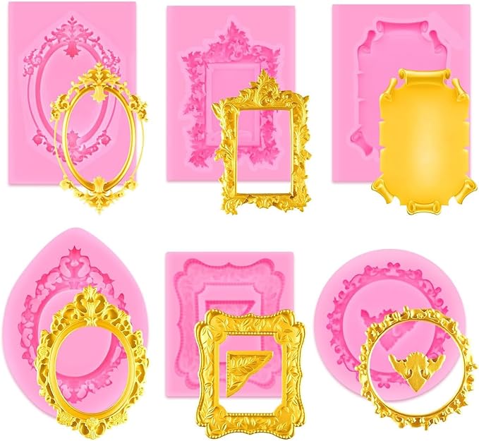 6 PCS Photo Frame Silicone Molds Frame Chocolate Silicone Molds Vintage Style Picture Frame Moulds for Cake Decorating Cupcake Topper Chocolate Candy Polymer Clay