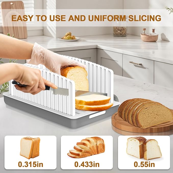 Kiss Core Upgrade Bread Slicer for Homemade Bread, Bread Slicer Guide Adjustable Width and Thickness, Foldable and Compact Cutting Guide with Crumb Tray, Suitability for Homemade Bread, Bagels, Cakes