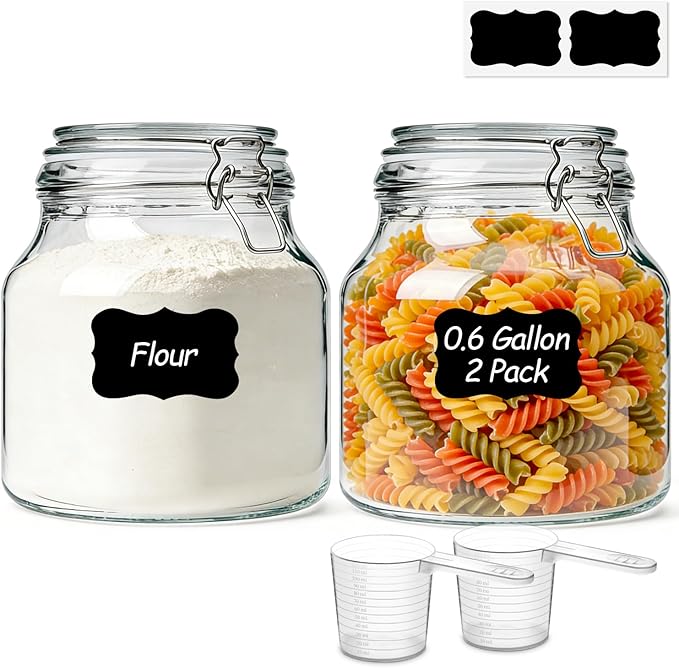 ComSaf 2-Pack 74oz (0.6 Gal) Wide-Mouth Glass Jars with Airtight Clamp Lids, Large Food Storage Containers for Flour, Sugar, Coffee & Pantry Organization, Includes Measuring Cup & Reusable Labels