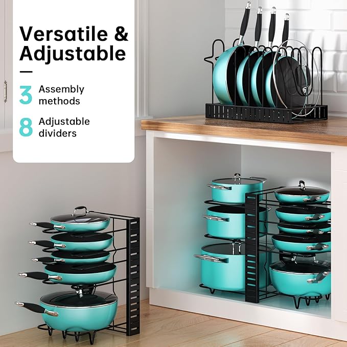 MUDEELA Pots and Pans Organizer Rack under Cabinet 16.61 Height, 8 Tiers Adjustable Pot Pan Rack with 3 DIY Methods, Pot Lid holder for Kitchen Cabinet Organizers and Storage