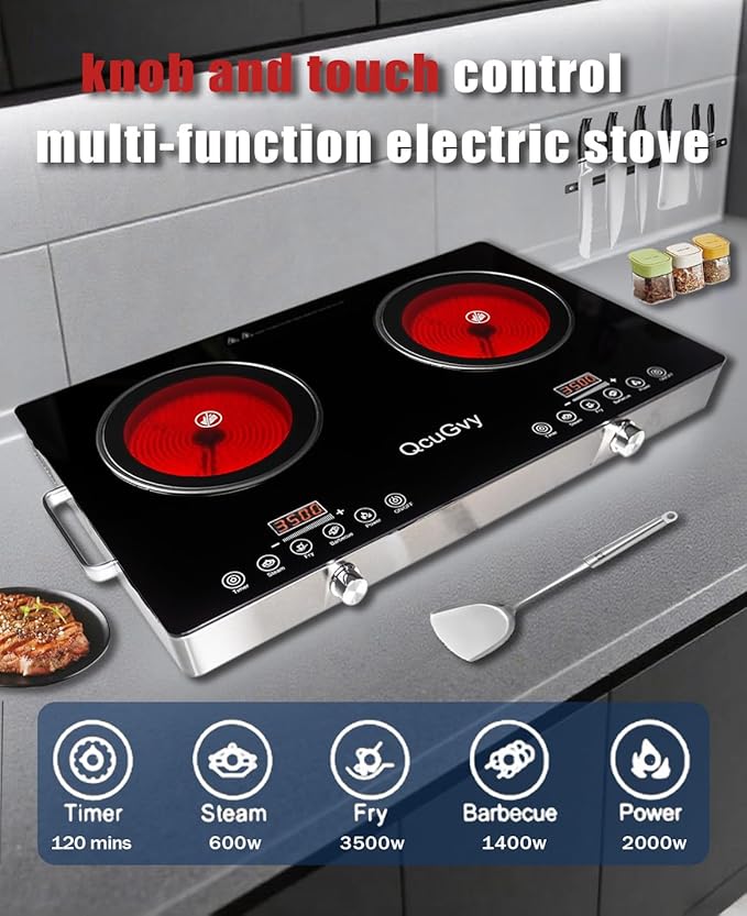 23" Portable Infrared 2 Burner 3500 Electri Burner with 2 Hours Timer-Electric Hot Plate Touch Control Panel Adjustable Heating Power Glass Plate Electric Cooktop for Cooking