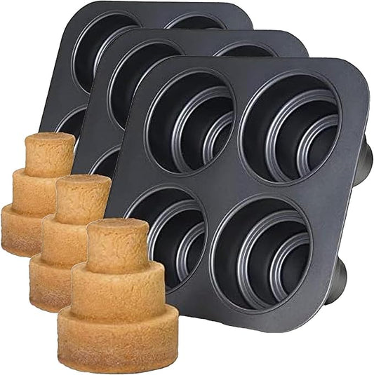 Chicago Metallic Mini Multi-Tier Round Cake Pan, Makes 4 Individual 3-Tier Celebration Cakes, Professional Grade Non-Stick Bakeware for Weddings, Showers, Parties (Pack of 3)