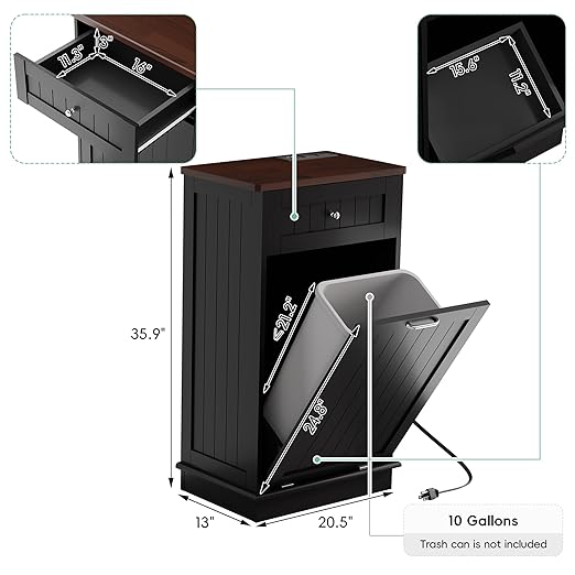 Betterhood Double Tilt Out Trash Cabinet with Power Outlet, 10 Gallon Trash Cabinet with Storage,Pet Proof Trash Can with 2 AC & USB Sockets for Kitchen,Living Room (Black, Single Door)
