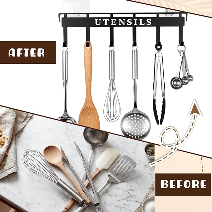Kitchen Utensil Hanger Wall Mount Kitchen Utensil Holder Organizer Rack Rail with 6 Hooks Space Saving No Drilling Black Adhesive Wall Hooks for Hanging Cooking Utensils Set