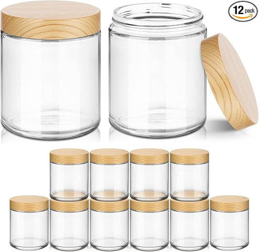 8 oz Glass Jars with Lids, 12 Pack Small Glass Jars with Plastic Woodgrain Lids, Lotion Container Empty Cosmetic Travel Containers for Sample, Cream, Lotion, Honey, Powder