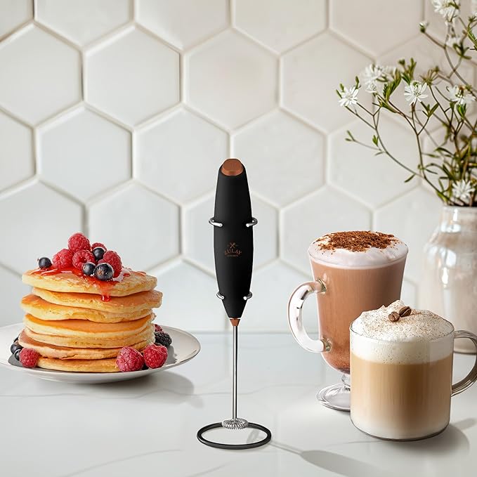 Zulay Kitchen Powerful Milk Frother Wand With 4 AA Duracell Batteries - Ultra Fast Handheld Drink Mixer - Electric Whisk Foam Maker for Coffee, Lattes, Cappuccino, Matcha & Creamer - Black Copper