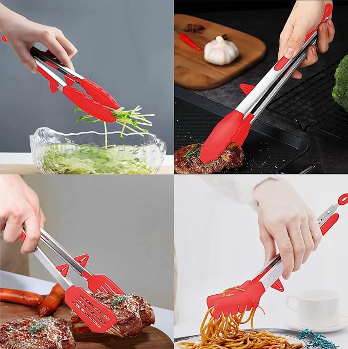 4 Pack Silicone Kitchen Cooking Tongs Set, Stainless Steel Nonstick Food Tong with BPA Free Silicone Tips for Serving Pasta Spaghetti Steak Pie Pizza Salad Vegetable Fruit Grilling BBQ Buffet 9" & 12"