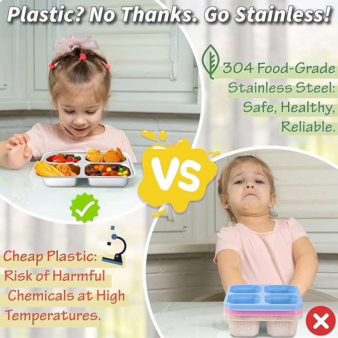 KTKUDY 3 Pack Stainless Steel Snack & Lunch Containers for Kids & Adults - with Plastic Lids & Lunch Bag - 4 Compartments Metal Bento Lunch Box - Meal Prep Containers - Toddler & Kids Plates