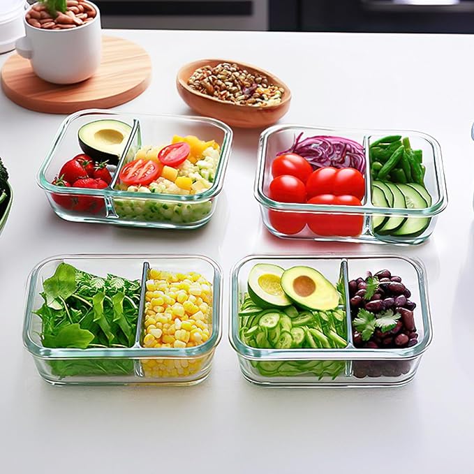 M MCIRCO [10-Pack,30 Oz Glass Meal Prep Containers 2 Compartments Airtight Lunch Bento Boxes with Lids, Glass Food Storage Containers, Microwave, Oven, Freezer and Dishwasher, White