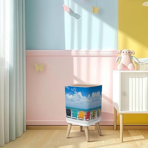 Small Trash Can with Lid Beautiful Color Chairs Beach Wastebasket with Press Cover Dog Proof Garbage Can Waste Bin for Kitchen Bathroom Nursery 2.6 Gallon
