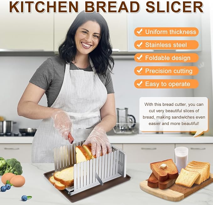 Stainless steel Bread Slicer for Homemade Bread,Adjustable Width,Foldable Compact,Bread Slicing Guide,Bread Loaf Slicer,for Cakes,Bagels,slice is 0.5",Bread width: 5.5"-8.3" (Satin Silver)