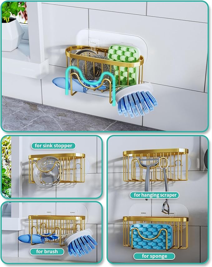 HapiRm Multifunctional Sponge Holder - 2 Installation Methods Sink Caddy with Unique M-Shaped, Stainless Steel Kitchen Sink Organizer for Sponge, Brush, Stopper and Scraper - Gold