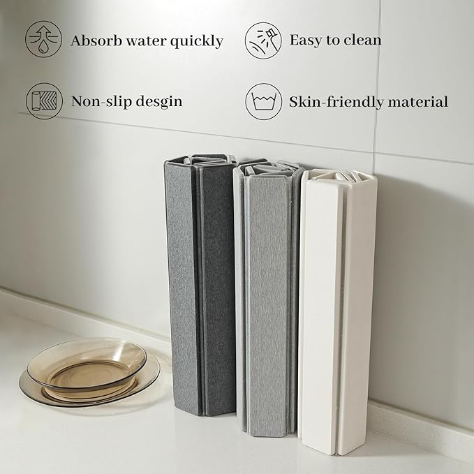 Large Stone Drying Mat for Kitchen Counter, 24''L x 16''W Diatomaceous Earth Collapsible Dish Drying Mat, Quick Drying Mat, Glasses and Flatware, Matches Any Countertop (White, 24'' x 16'')