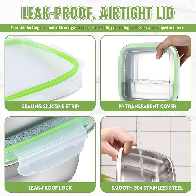 4 Pack Sandwich Containers, 40oz Stainless Steel Sandwich Box with Airtight Lids, Reusable Metal Meal Prep Lunch Boxes, BPA-Free, Dishwasher Safe, Large Capacity Food Storage Containers (Green)