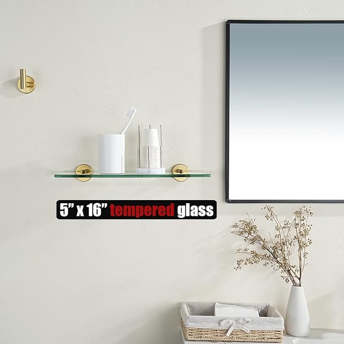 JQK Bathroom Glass Shelf Gold, Tempered Glass Shower Storage 16 by 5 inches, 304 Stainless Steel Brushed Gold Wall Mount, TGS101-BG